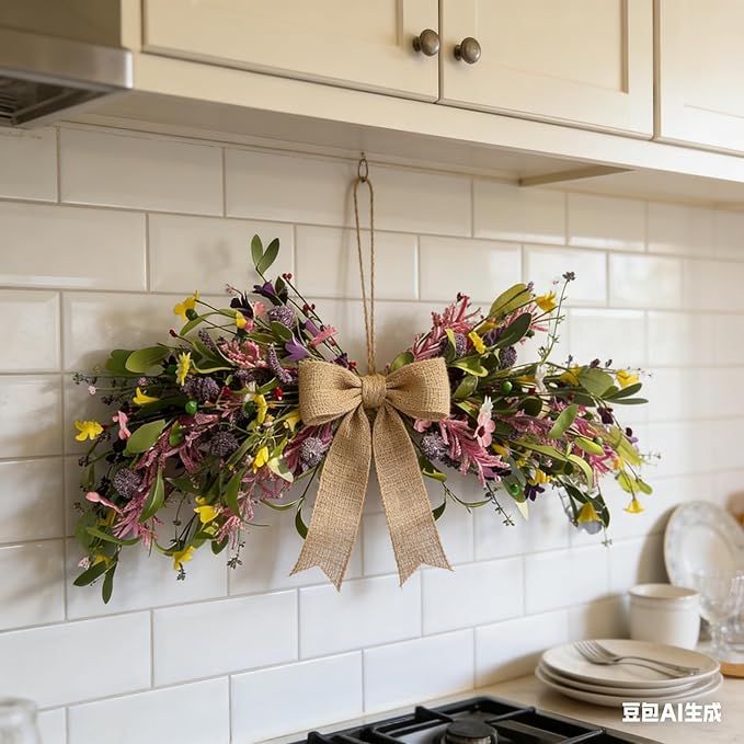 22'' Spring Floral Swag Wreath for Front Door Artificial Greenery Flower Teardrop Swag with Pink Yellow Daisy Wildflower Lavender for Farmhouse Kitchen Cabinet Porch Wall Window Wedding Arch