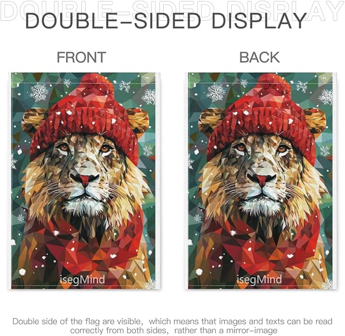 Lion with Red Scarf and Hat Snowflake Christmas Garden Flag, 28x40 Inch Double Sided Linen Holiday Red Winter Farmhouse Yard Outdoor Decoration (4328)