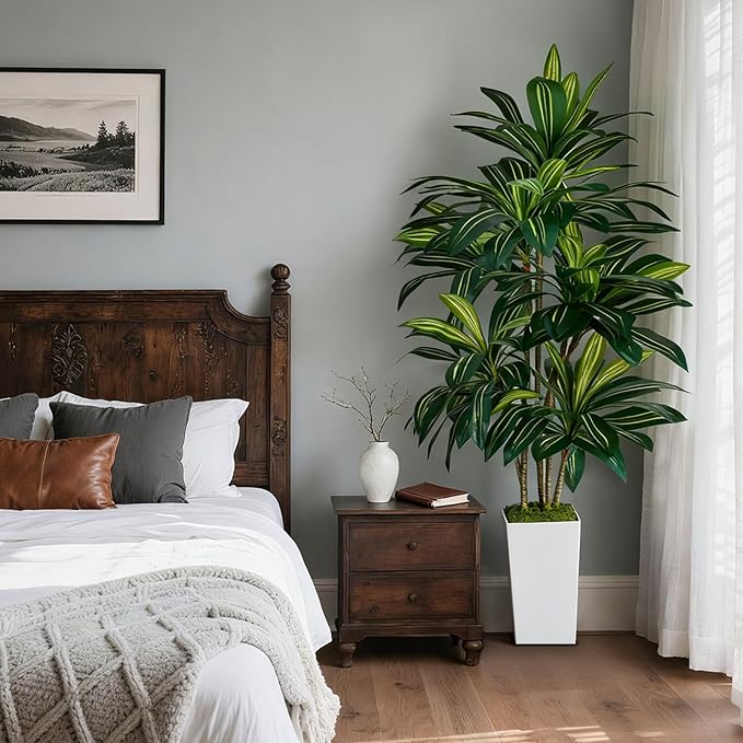 Artificial Dracaena Plant 6FT - Fake Tree with Tall Planter and Fairy Lights, Artificial Trees Faux Yucca Plants Indoor, Fake Plants for Home Office Living Room Decor