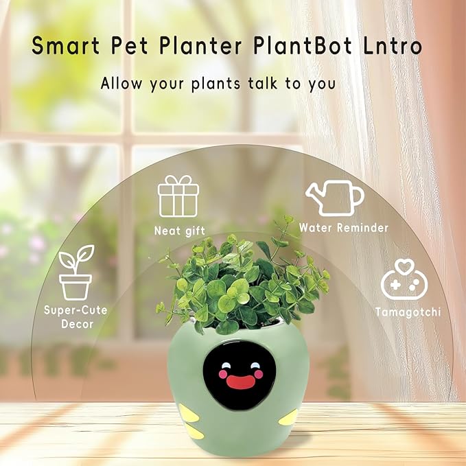 Odpaltoy Smart Plant Pot with Expression, AI Intelligent Flower Pot for Indoor Decoration, Smart Garden Pot with Water/Light/Temperature Sensors, Ivy AI Planter (Green（Big）)