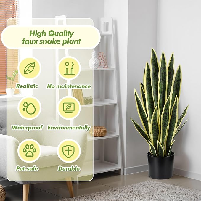 Crowye 4 Pack 2.25 Ft Tall Artificial Snake Plant Faux Sansevieria Plant Large Fake Snake Bulk in Pot for Home Office Housewarming Gift
