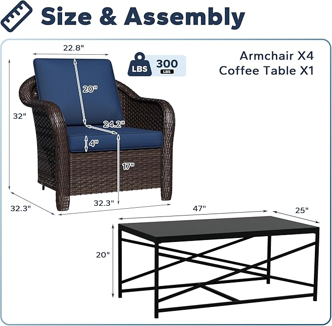 5 Pieces Outdoor Patio Conversation Furniture Set with Removable Covers, All-Weather PE Rattan, 4 Steel Frame Wicker Chairs with Cushions, 47" Metal Coffee Table for Yard (Navy Blue)