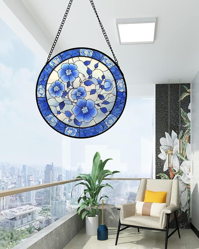 AMDERVEN Stained Glass Window Hanging, Blue and White Plum Blossom Sun Catcher for Door Home Decor Flowers Suncatcher Christmas Mother's Day Birthday Gifts for Women Men Mom and Nana 7.8 in