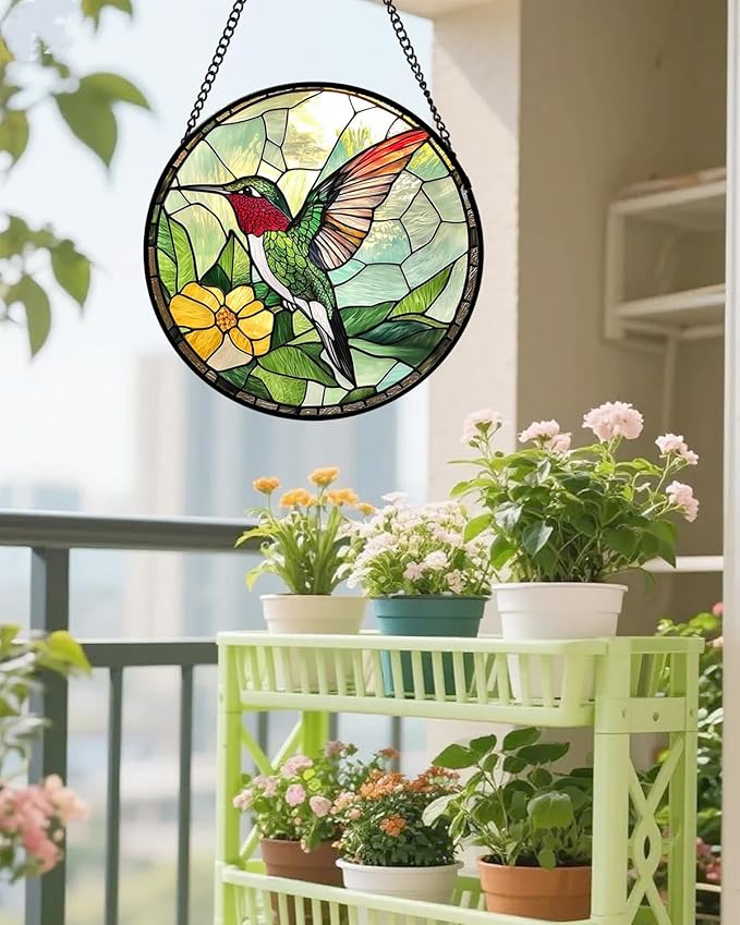 AMDERVEN Stained Glass Window Hanging, Green Hummingbird Sun Catcher for Door Home Decor, Birds Suncatcher Christmas Mother's Day Birthday Gifts for Bird Lovers Women Men Mom and Nana 15 in