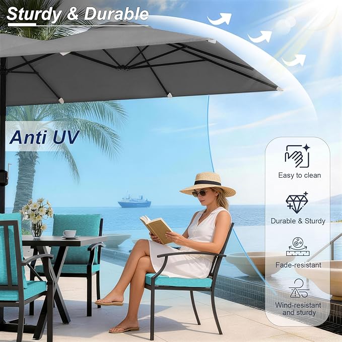 10 Pieces Patio Dining Set,Metal Outdoor Furniture Set Includes 13.6FT Grey Umbrella,Hole Cut-Out 78.7" x 35.4" Table and 8 Metal Backrest Chairs for Backyard,Garden,Blue