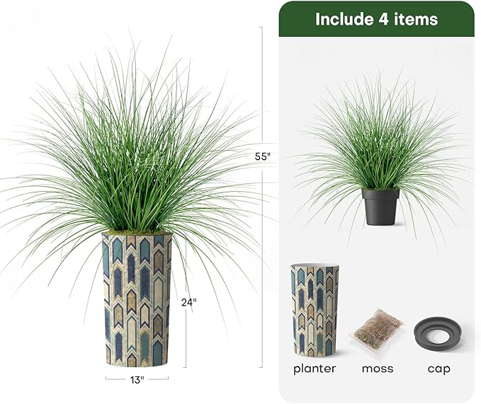 Artificial Tree in Modern Polygon Pattern Effect Planter, Fake Onion Grass Silk Tree for Indoor and Outdoor Home Decoration - 55" Overall Tall (Plant Pot Plus Tree)