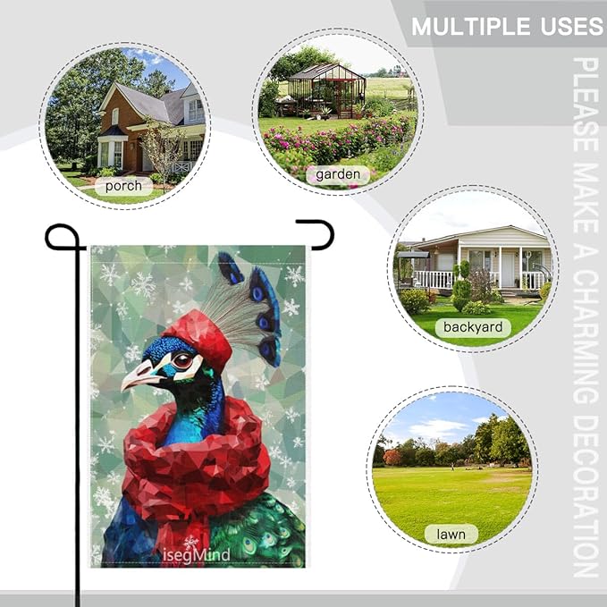 Peacock with Red Scarf and Hat Snowflake Christmas Garden Flag, 28x40 Inch Double Sided Linen Holiday Red Winter Farmhouse Yard Outdoor Decoration (4343)