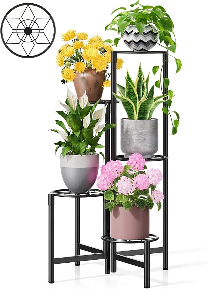 NQW Plant Stand 5 Tier Indoor Metal Flower Shelf for Multiple Plants Corner Tall Flower Holders for Patio Garden Living Room Balcony Bedroom Black Diamond