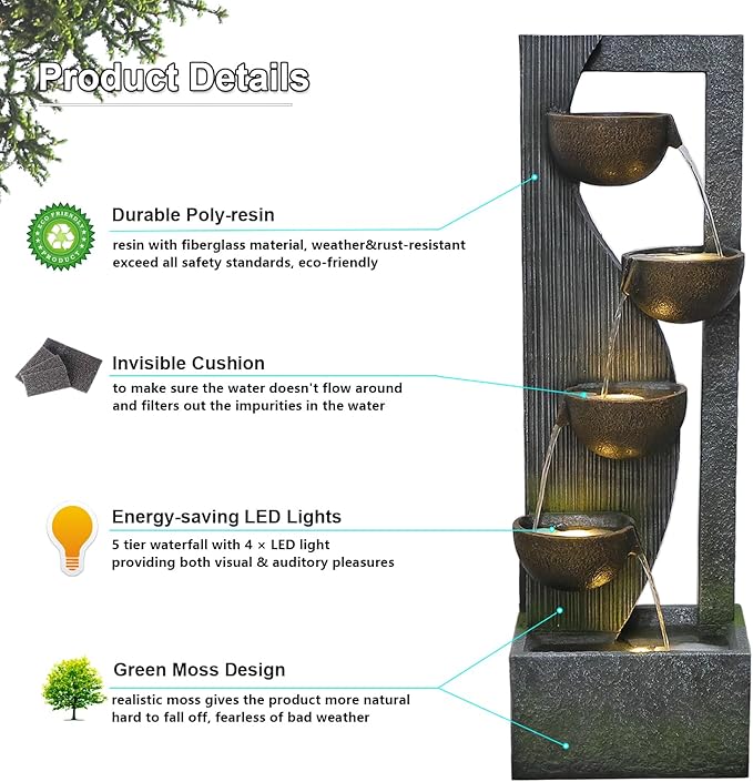 Garden Water Fountains Outdoor 5 Tiered Cascading Bowl Modern Waterfall Fountain with LED Lights, Natural Stones for Garden, Living Room, Patio, Yard Art Decor, 16.3" L * 10.8" W * 49.2" H
