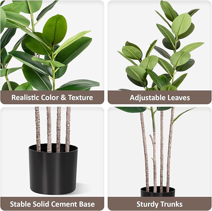 Artificial Rubber Tree 6FT Tall Faux Ficus Tree with Potted Fake Tropical Plant Decorative House Plants Large Floor Plants Artificial Trees for Home