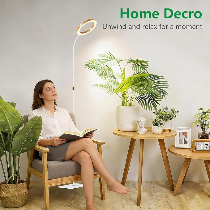 LPMZMBL One Head Grow Light for Indoor Plants Full Spectrum - Floor Standing Plant Lamp with Auto Timer 6/12/18H, 5-Level Dimmable & Adjustable Height 16.5-68in for Large Tall Plants |Faux Wood Design