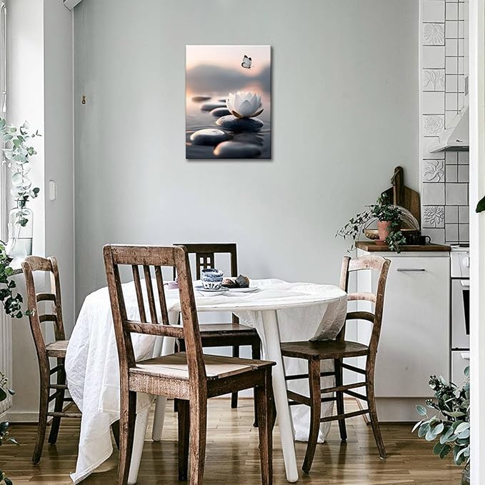 FUNHUA White Lotus Wall Art Canvas Flowers and Stones Spa Butterfly Painting Pictures for Yoga Room Spiritual Room Bathroom Zen Spa Photo Decor Framed Ready to Hang 12X16inches