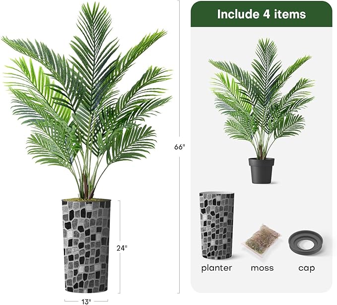 Artificial Tree in Modern Geometric Pattern Planter, Fake Areca Tropical Palm Silk Trees for Indoor and Outdoor Home Decoration - 66" Overall Tall (Plant Pot Plus Tree)