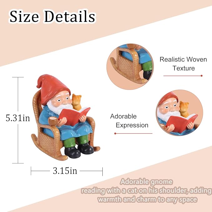 Reading Garden Gnome Statue with Cat and Coffee Cup – 5.3" Resin Gnome Figurine on Rocking Chair, Hand-Painted Funny Gnome Decoration for Yard, Patio, Lawn, or Home Décor