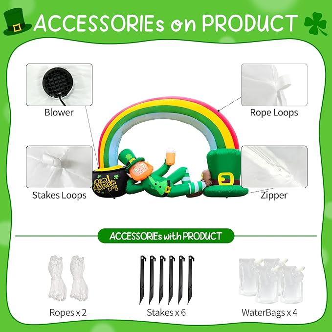 St. Patricks Day Inflatable Decorations 7FT Lying Leprechaun Rainbow Arch with Gold Coin Pot Built-in Bright LED Lights Outdoor Lucky Day Holiday Lawn Yard Garden Patio Décor
