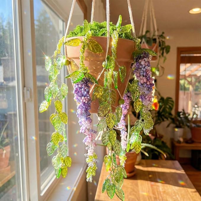 Potchen 13155 Pcs DIY Wisteria Beaded and 5 Inch Clay Pot Planter Set, Glass Beads Plant Making Kit with Artificial Moss Hanging Rope Purple Nature Series Colorful Crystal Leaf Jewelry for Craft