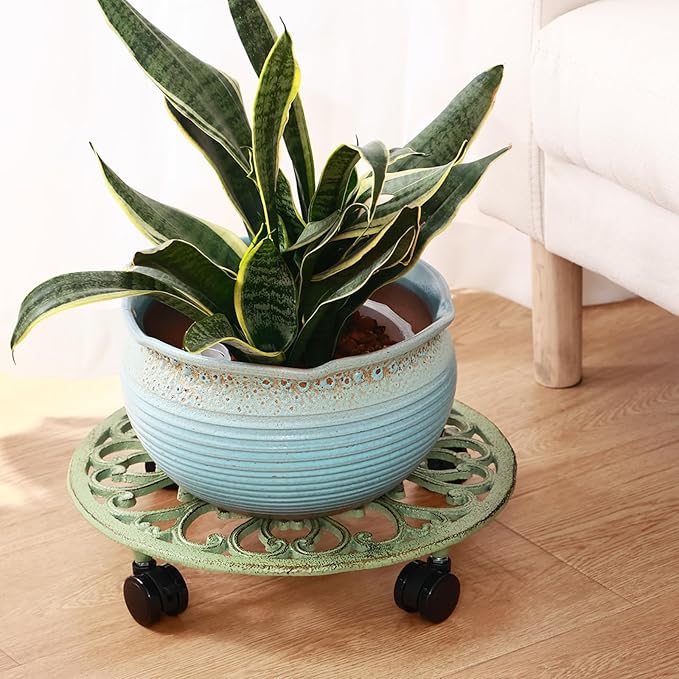 14 Inch Rolling Plant Stand with Wheels Metal Plant Caddy with Wheels Heavy Duty Round Plant Stand Indoor Iron Plants Rollers for Plants, Retro Green Plant Dolly 1 Pack