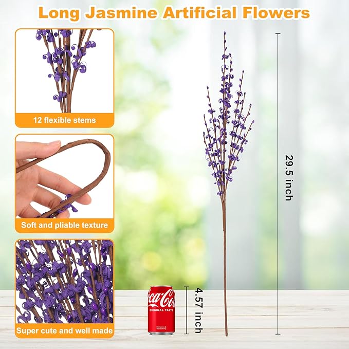 10 Pcs 29.5" Long Jasmine Artificial Flowers Fake Flowers Dry Branches Stem for Home Office DIY Floral Art Plant Wedding Table Centerpieces Party Vase Decoration (Deep Purple)
