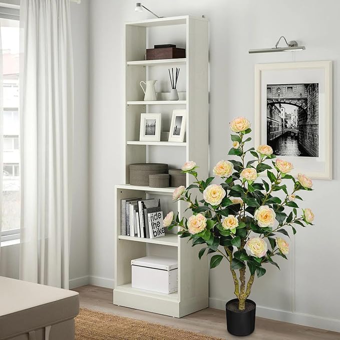 3ft Artificial Camellia Tree Fake Camellia Plant with Yellow Flowers Faux Floral Plant Blooming Tree in Black Pot for Indoor Outdoor Office Home Front Door Porch Decor (1 Pack - Yellow)