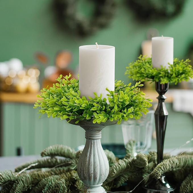 6 Pcs Artificial Boxwood Candle Rings Wreaths Mini Green Kitchen Cabinet Wreath Table Centerpieces Spring Summer Wreaths for Front Door Porch Outside All Season Farmhouse Wedding Party Decor