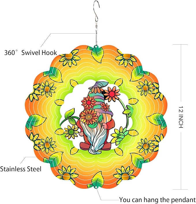 Metal Gnomes Wind Spinners Gnome Gifts for Women Mom Grandma,12inch Hanging Wind Chime for Outdoor&Indoor Decoration for Yard Garden Ornament