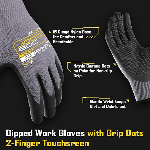 COOLJOB 36 Pairs Nitrile Rubber Dipped Safety Work Gloves with Grip Dots, Seamless Knit Nylon Gloves with 2 Fingers Touchscreen, Non-slip Coated for Warehouse, Home Improvement, Yard, Grey Large