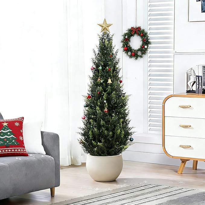 ZEEOZE 3FT Artificial Cedar Topiary Trees (2 Pack) - UV Resistant Faux Evergreen Shrubs Extra Dense Foliage Realistic Fake Pine Cypress Plants Easy Assembly for Front Porch Garden Indoor Office Decor