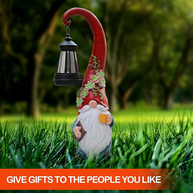 Roundot Coffee Gnome Garden Decor Statue Solar-Powered Gnome Ornament Lantern-Lit Courtyard Decoration Birthday Gift for Mom on The Patio