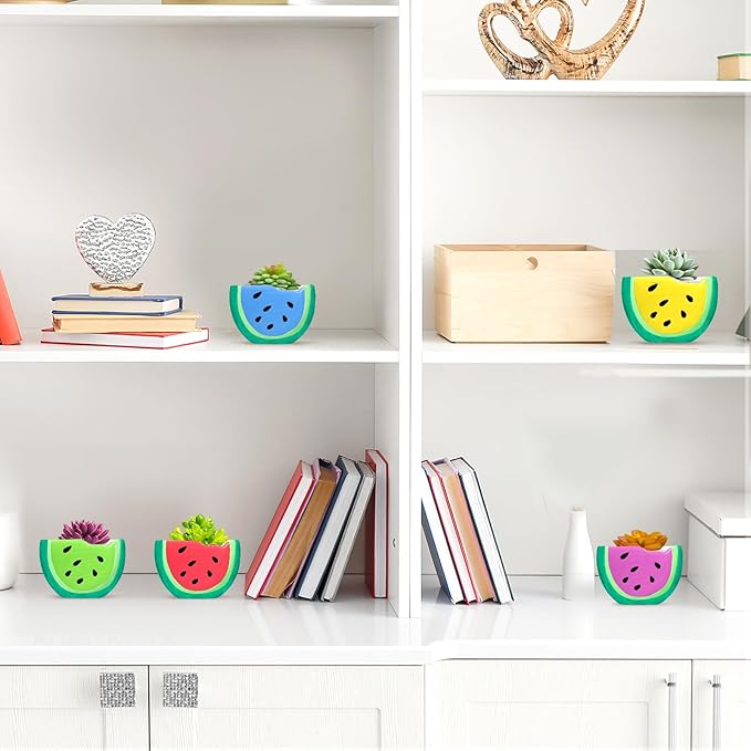 Pasimy 6 Set Ceramics to Paint DIY Ceramic Succulent Planter Pots Paint Your Own Flower Pots Craft Kit Unpainted Bisque Flowerpot with Brush Palette for Family Activity Holiday Gifts(Watermelon)