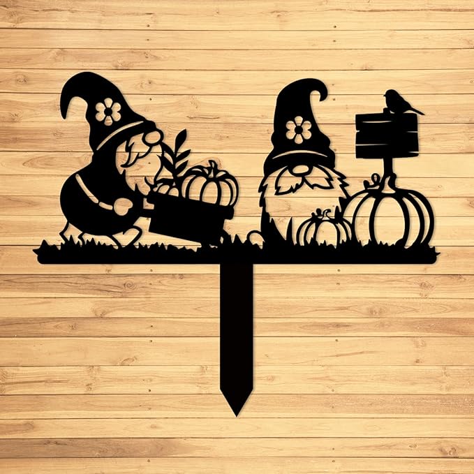 Magilab Personalized Iron Yard Stake - Christmas Cute Gnome Dwarves Decor, 8-Inch Black Metal Garden Sign for Outdoor (Style C)