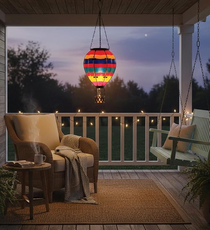 Regal Art & Gift Hot Air Balloon Solar Lantern – Hanging Solar-Powered LED Lights, Waterproof Portable Decorative Outdoor Lamp Made of Metal & Glass for Garden, Patios & Pathway – Multi Stripe(Large)