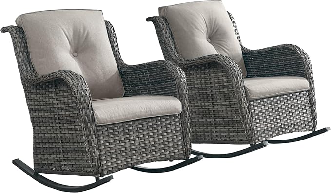 Rilyson Patio Chairs Outdoor Rocking Chair - 2 Piece Wicker Rattan Rocker Chairs Set with High Back and Deep Seating for Porch Deck Garden Backyard(Mixed Grey/Grey)