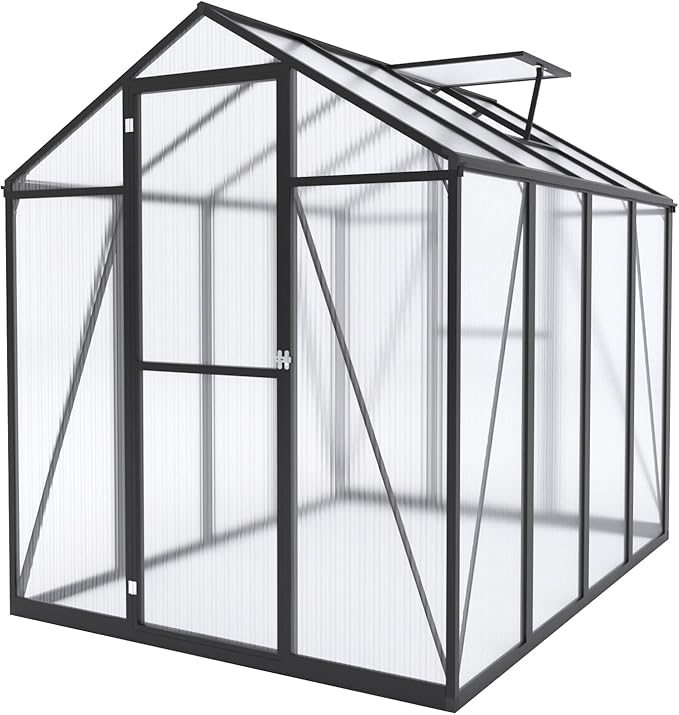 7.2FT High 6.1*8.1FT Greenhouse for Outdoors, Polycarbonate Greenhouse with Stronger Wind Protection and Roof Vent,Walk-in Large Aluminum Sunroom Winter Proof,Black