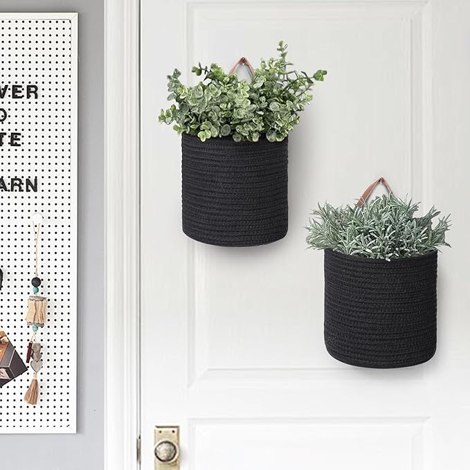2 Pack Hanging Basket, Small Wall Baskets for Organizing, Wicker Boho Wall Decor Set, Indoor Hanging Plant Holder, Rattan Woven Storage Bin for Home Decor, Farmhouse Storage Box, Black