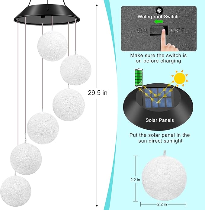 WENANA Ball Solar Wind Chimes Color Changing Lights Outdoor, Best Gifts for Mom Grandma Women Wife Aunt Daughter Sister, Unique Mobile Wind Chime, Gardening Yard Decorations