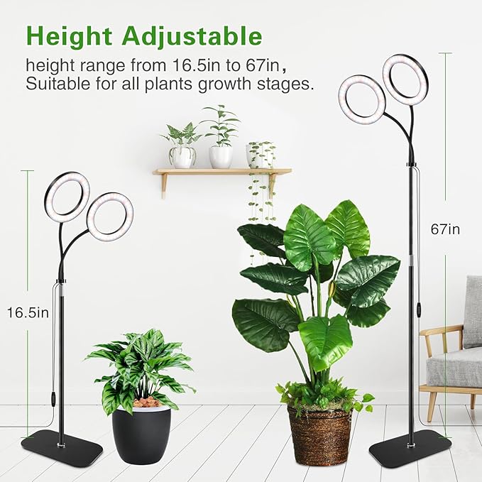 SDOVUERC Full Spectrum Grow Light with Stand for Indoor Plants, Floor Plant Light, 3/9/12H Timer, 3 Color Modes, Adjustable Height 16.5–68in, for Large Plants & Home Décor(2 Heads)