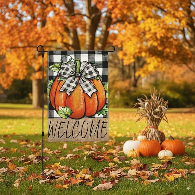Fall Pumpkin Welcome Garden Flag 12x18 Inch Double Sided Buffalo Plaid Autumn Decor Thanksgiving Holiday Yard Flags Outdoor Decorations (Buffalo Plaid Pumpkin)