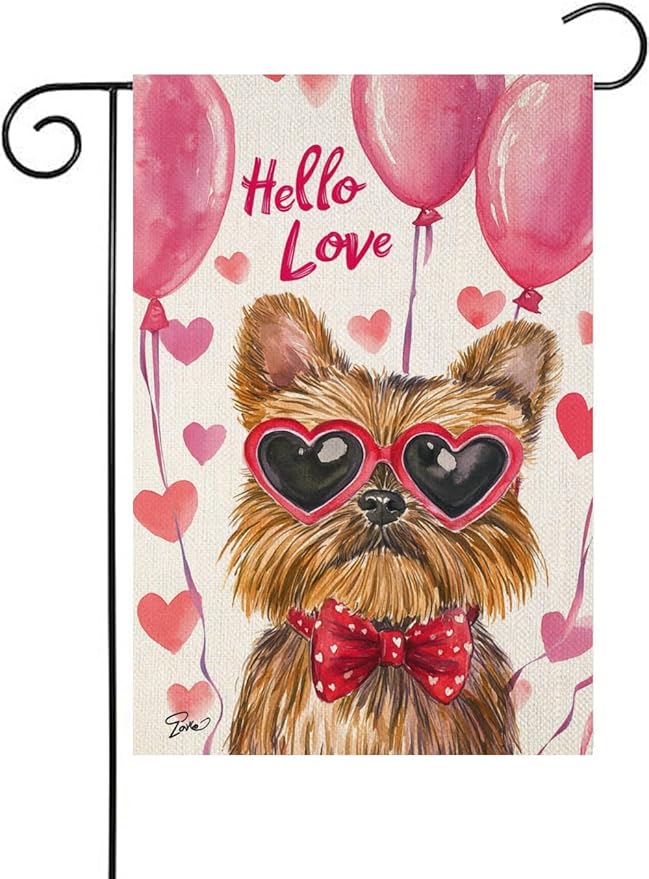 Valentine's Day Brussels-Griffon Hello Love Garden Flag, House Yard Plaid Love Heart Outside Decoration, Spring Holiday Wedding Anniversary Outdoor Small Decor 12x18(12653)