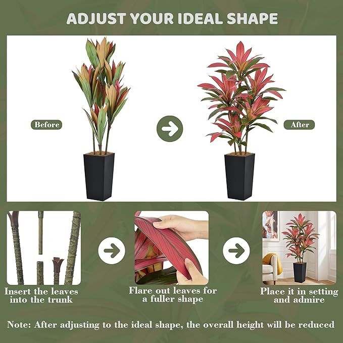 Roselywed Artificial Red Dracaena Tree 5FT with 90 Leaves & 6 Heads & Black Tall Planter Cover with Coconut Fiber Tall Faux Tropical Silk Bicolor Plant 60 Inch for Indoor Home Office Porch Mall Decor