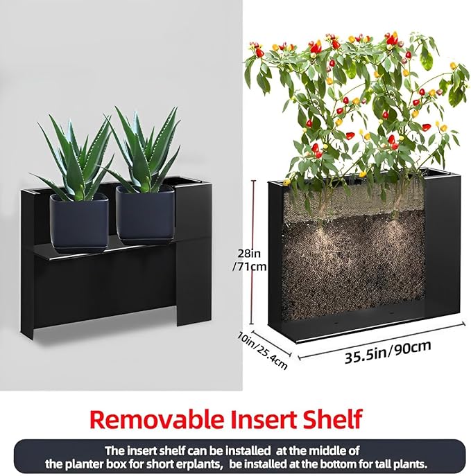 Megawodar Metal Tall Long Planter Box Large Rectangular Planter Flower Pot with Drainage Holes for Indoor Outdoor Deck Porch Garden Home Patio Front Door (Black, M)