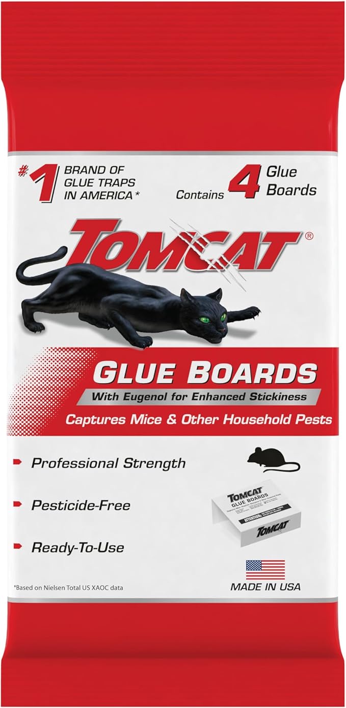 Tomcat Glue Boards with Eugenol — Enhanced Stickiness for Mice, Cockroaches & Insects, Flat or Covered Use, Ready-To-Use, 4 Traps