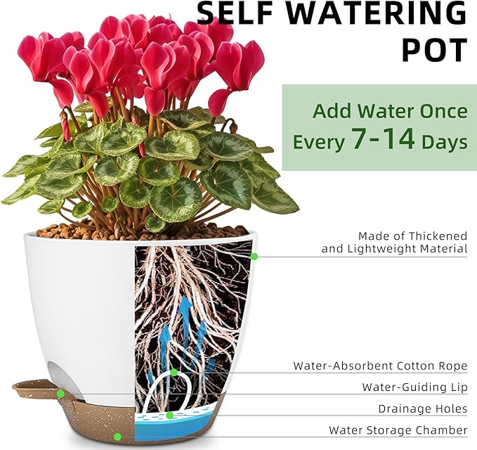 Hylitong Plant Pots 8/7.5/7/6.5/6 Inch Self Watering Pots,5 Pack Planters with Drainage Holes and Saucers,Plastic Flower Pots,Nursery Planters for Indoor Outdoor Plants (White)