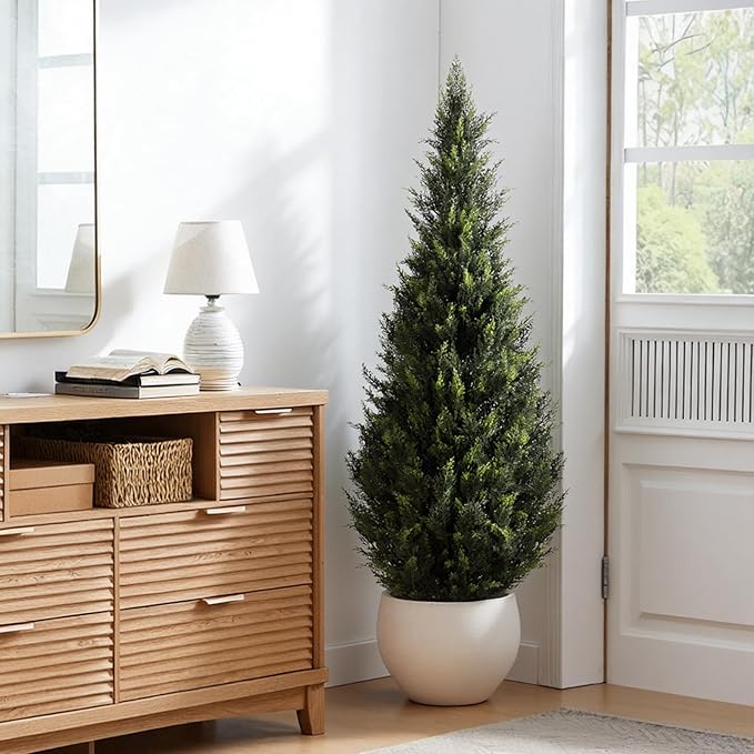 ZEEOZE 4FT Artificial Cedar Topiary Trees (2 Pack) - UV Resistant Faux Evergreen Shrubs Extra Dense Foliage Realistic Fake Pine Cypress Plants Easy Assembly for Front Porch Garden Indoor Office Decor