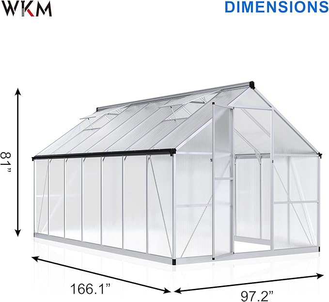 WKM Greenhouse for Outdoors - 8x14 FT, Quick-fit Structure with Window for Ventilation, Polycarbonate Aluminum Frame, Silver