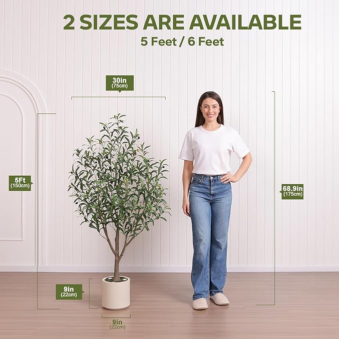 Verinatural Olive Trees Artificial Indoor 5FT - Realistic Fake Plants with Remote LED Spotlights, White Planter - Faux Olive Tree for Home Living Room Office Floor Bedroom Decor,VN214