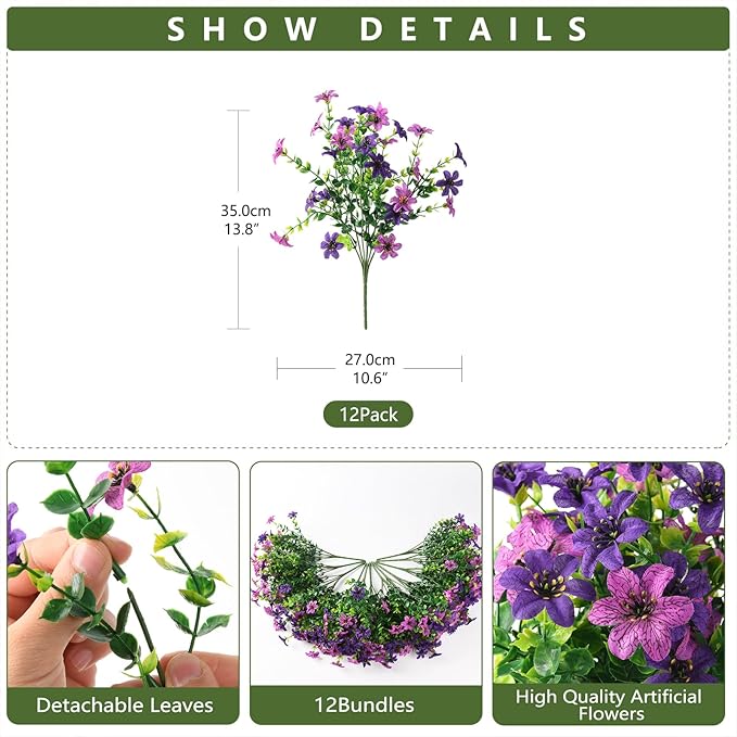 Artificial Flowers for Outdoors 12 Bundles Fake Plants Spring Home Decoration, Realistic Faux Flower Silk Daisy with Eucalyptus Stem UV Resistant Patio Planter Porch Yard Window (Double Purple)
