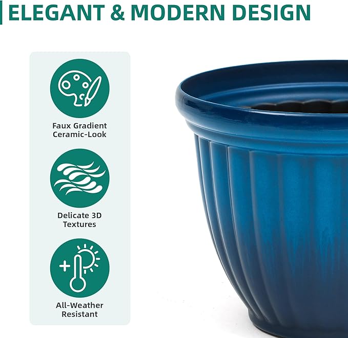 Ultym 15" Outdoor Large Flower Pots (Set of 2), Gradient Blue Plastic Planters with 3D Texture, Weather-Resistant for Garden, Patio, Porch or Indoor Use