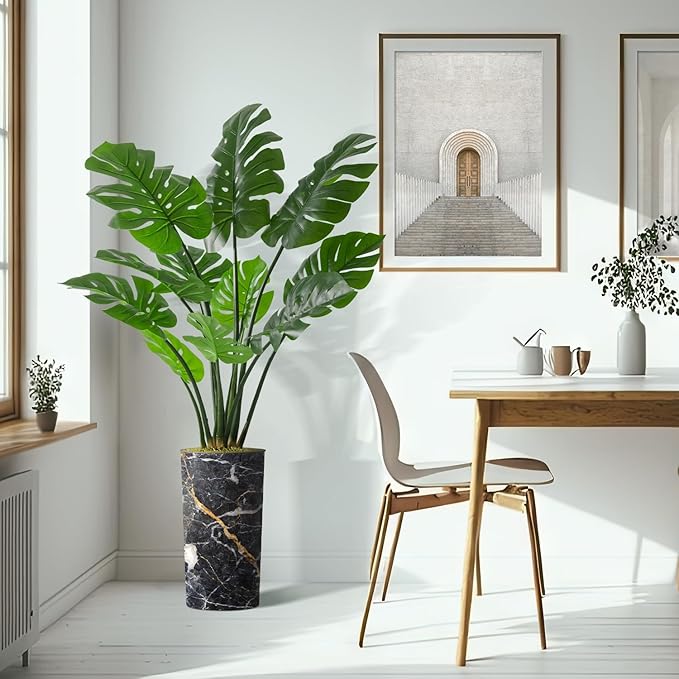 Artificial Tree in Modern Granite Effect Planter, Fake Monstera Silk Tree for Indoor and Outdoor Home Decoration - 65" Overall Tall (Plant Pot Plus Tree)