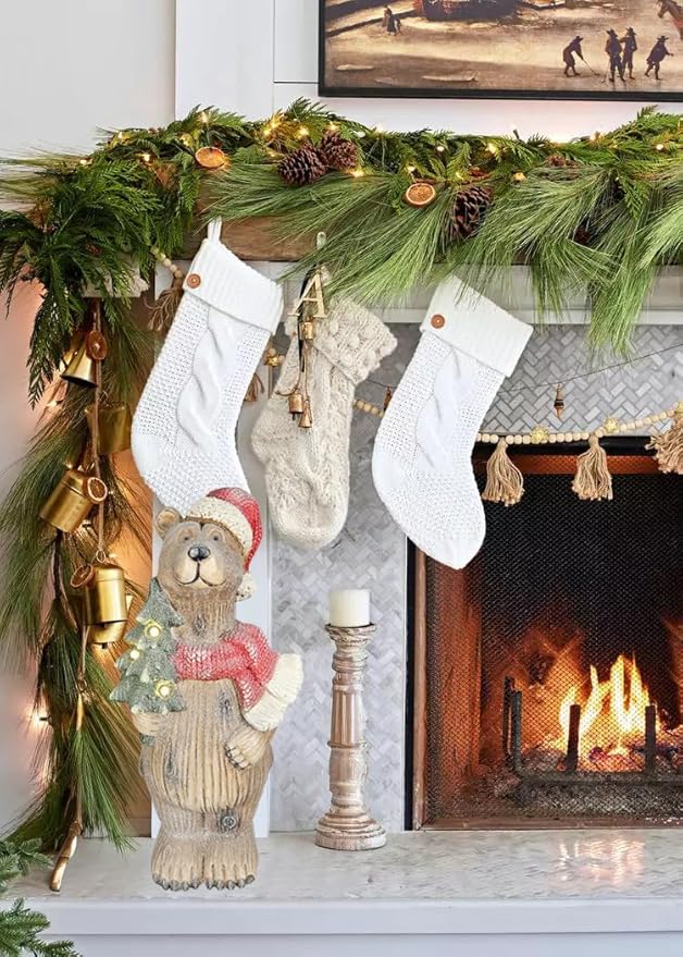 Holiday Bear with Light Up Christmas Tree | Resin Home Decor with Santa Hat and Xmas Tree Accents | Seasonal Xmas Decor for Centerpiece, Mantle, Kitchen, Dining Room, and More | 18 ¾ inches tall