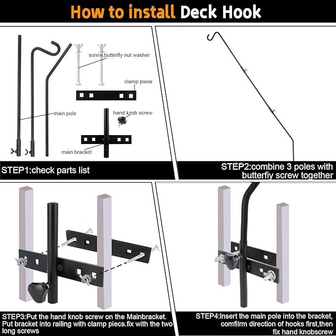 GDHSWJ 2 Pack Deck Hooks for Hanging Bird Feeders, 43" Adjustable Bird Feeder Hanger for Railing, 360° Swivel Clamp-On Plant Hook for Balcony, Porch, Lanterns, Wind Chimes